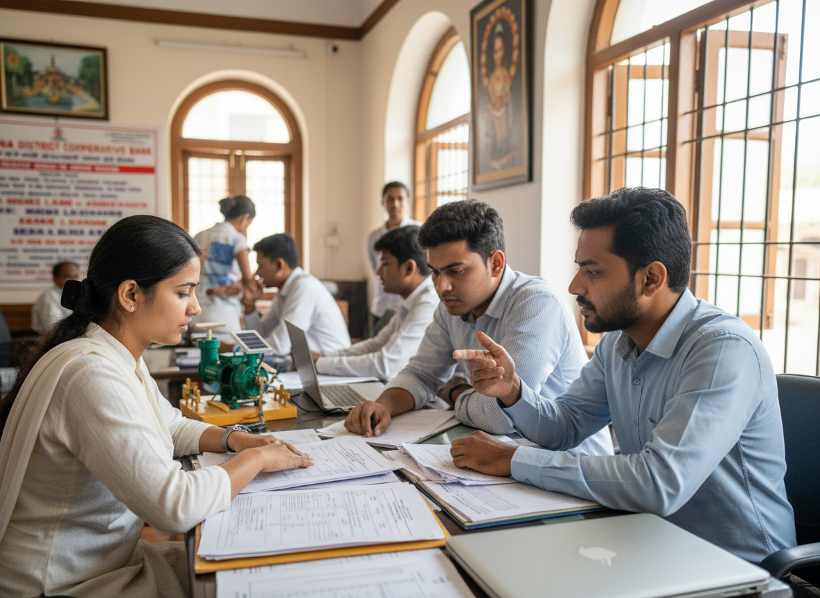 Editorial image of young entrepreneurs at a small business loan guidance desk in Jalna Maharashtra, documents and small enterprise context, realistic news photography, no text, 16:9