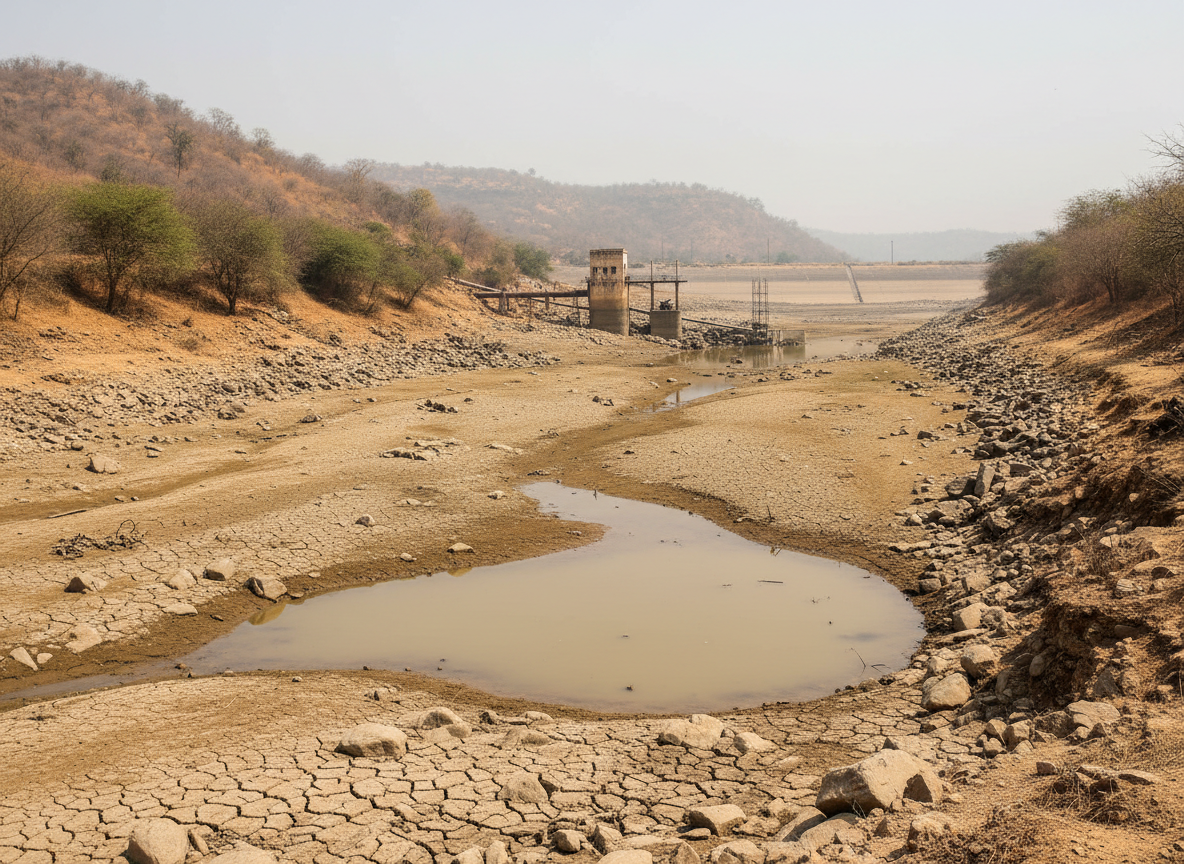 Editorial landscape of low reservoir water levels in Jalna Maharashtra during drought, exposed dry banks, water infrastructure in distance, realistic news photography look, no text, no logos, 16:9