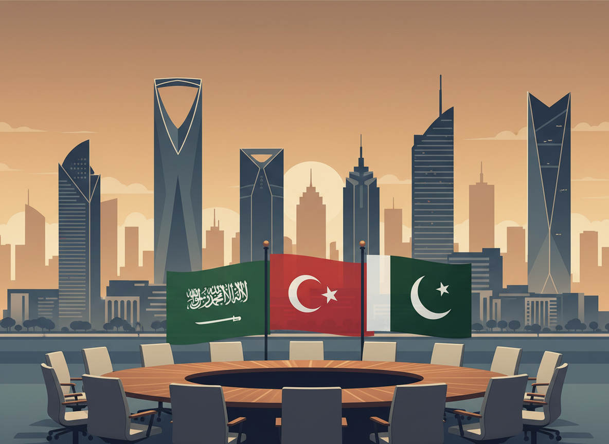 Editorial news illustration of Riyadh skyline and diplomatic - NewsNation Online Riyadh diplomatic talks involving Saudi Arabia, Turkey and Pakistan
