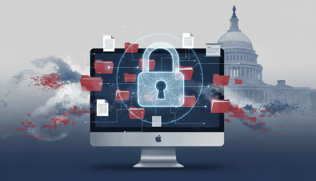 Conceptual illustration of campaign finance reporting, computer systems and cybersecurity.