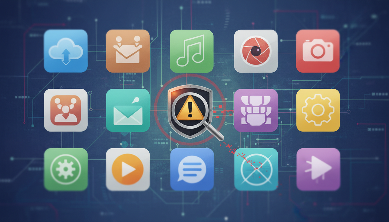 Colorful app icons arranged in a grid with a central magnifying glass highlighting a warning shield, signaling a security alert.
