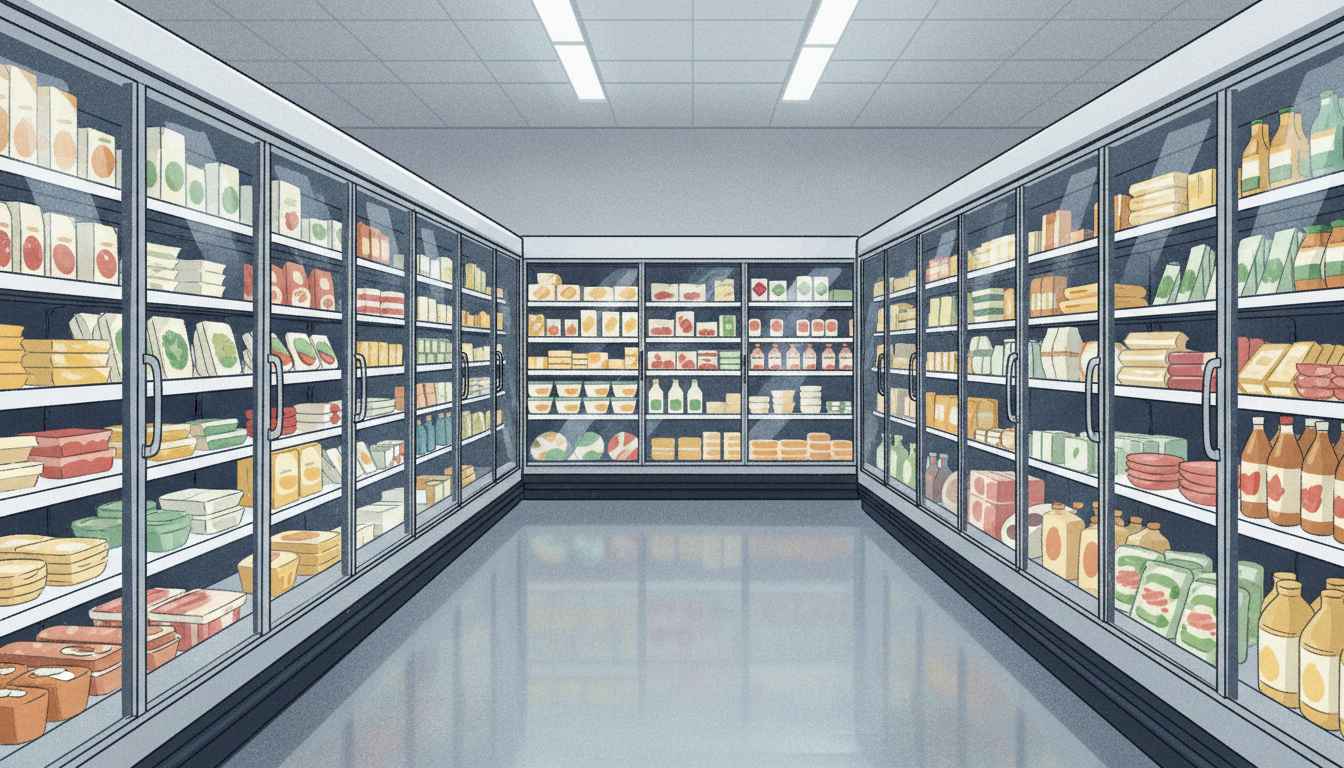 Supermarket refrigerated food cases illustrating cyberattack disruption