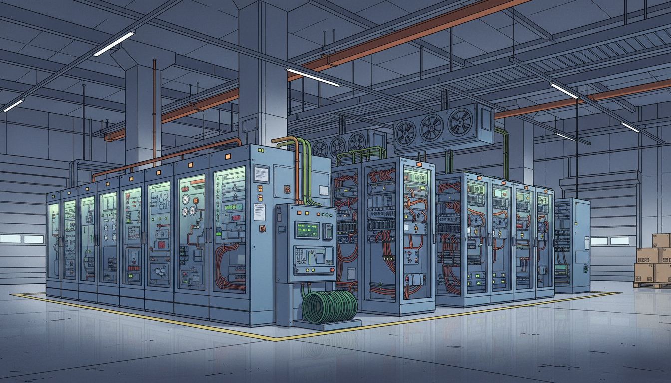 Row of blue electrical control cabinets with glass doors, showing wiring and meters in a clean industrial room in a facility.