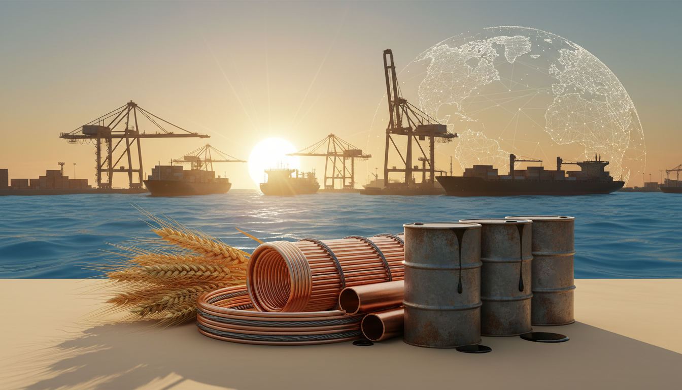 Illustration of wheat, copper, oil barrels and cargo ships representing global commodity markets.