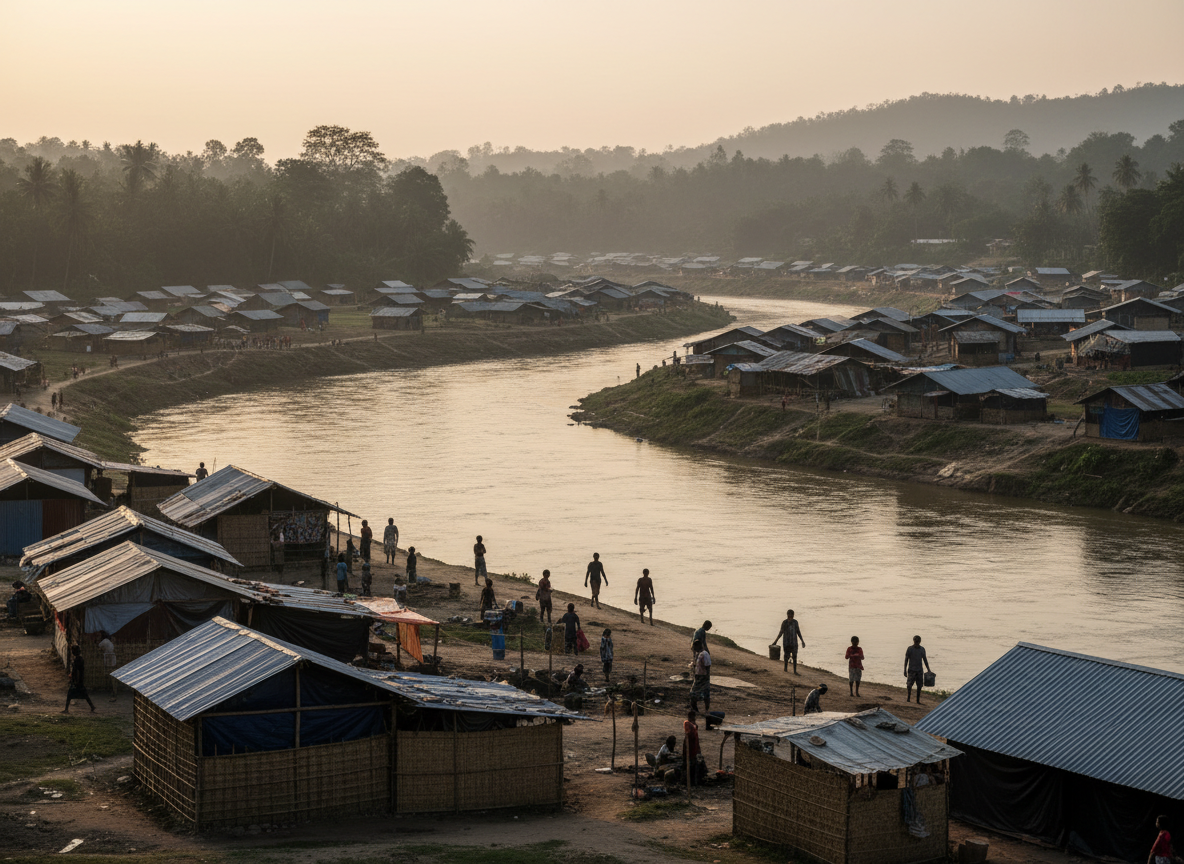 Humanitarian editorial landscape of refugee shelters near a - NewsNation Online Humanitarian scene representing the Rohingya refugee crisis