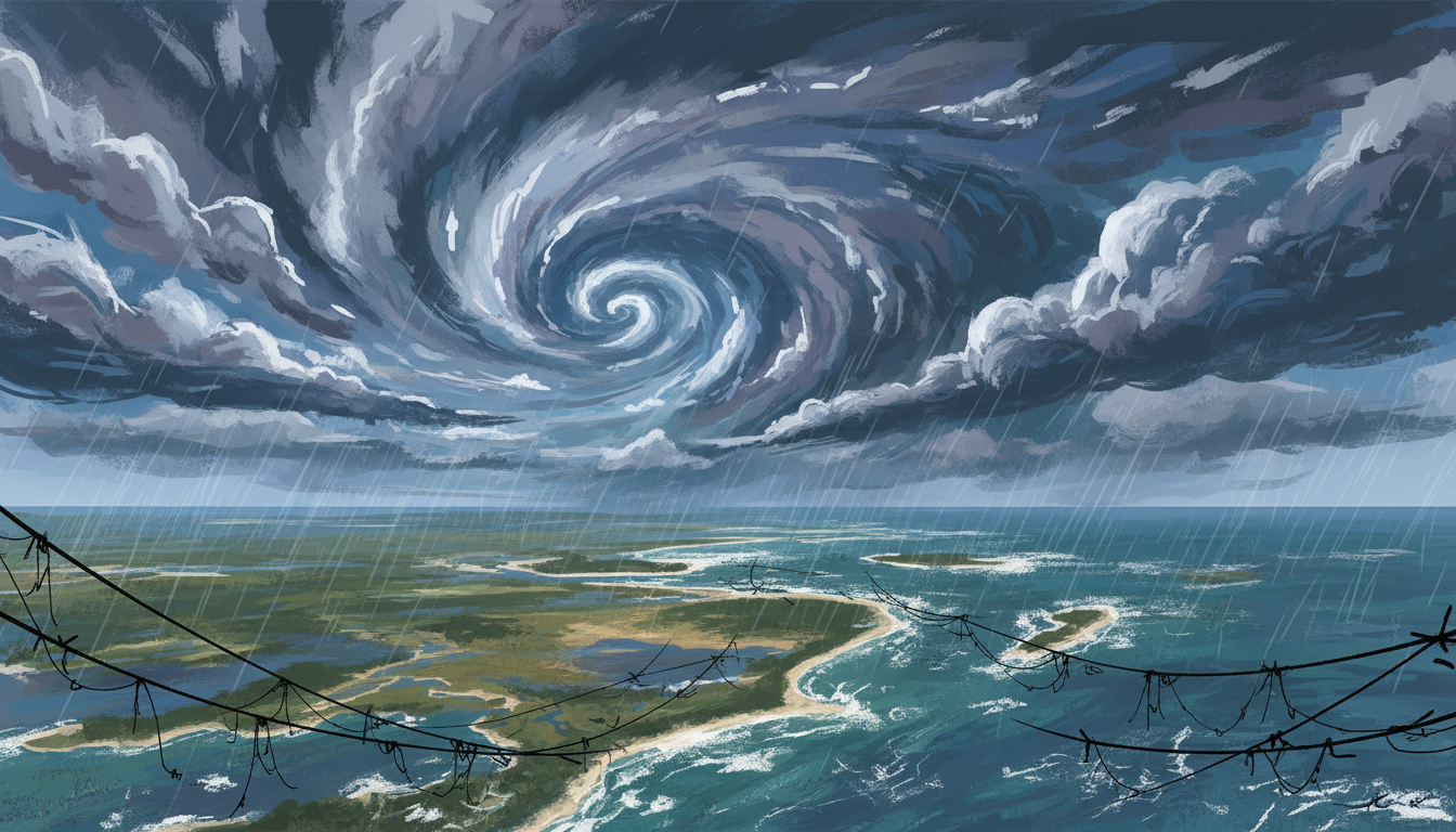 Editorial illustration of hurricane clouds approaching a Gulf Coast shoreline