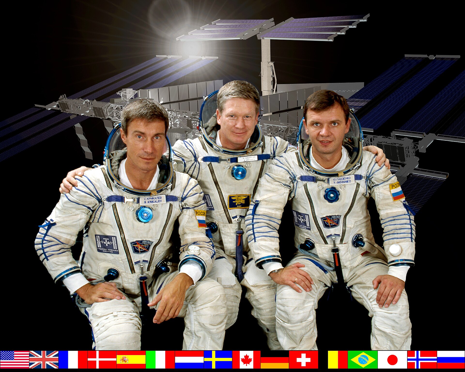 International Space Station Expedition 1 crew — NASA - NewsNation Online NASA official October 2000 photograph of Expedition 1 crew Sergei Krikalev, William Shepherd and Yuri Gidzenko before launch