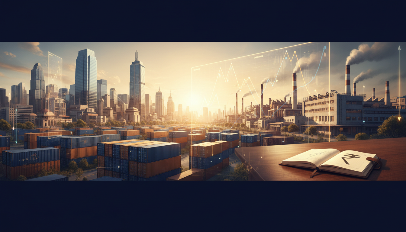 Illustration of India's economic outlook with industry, urban skyline and financial chart motifs