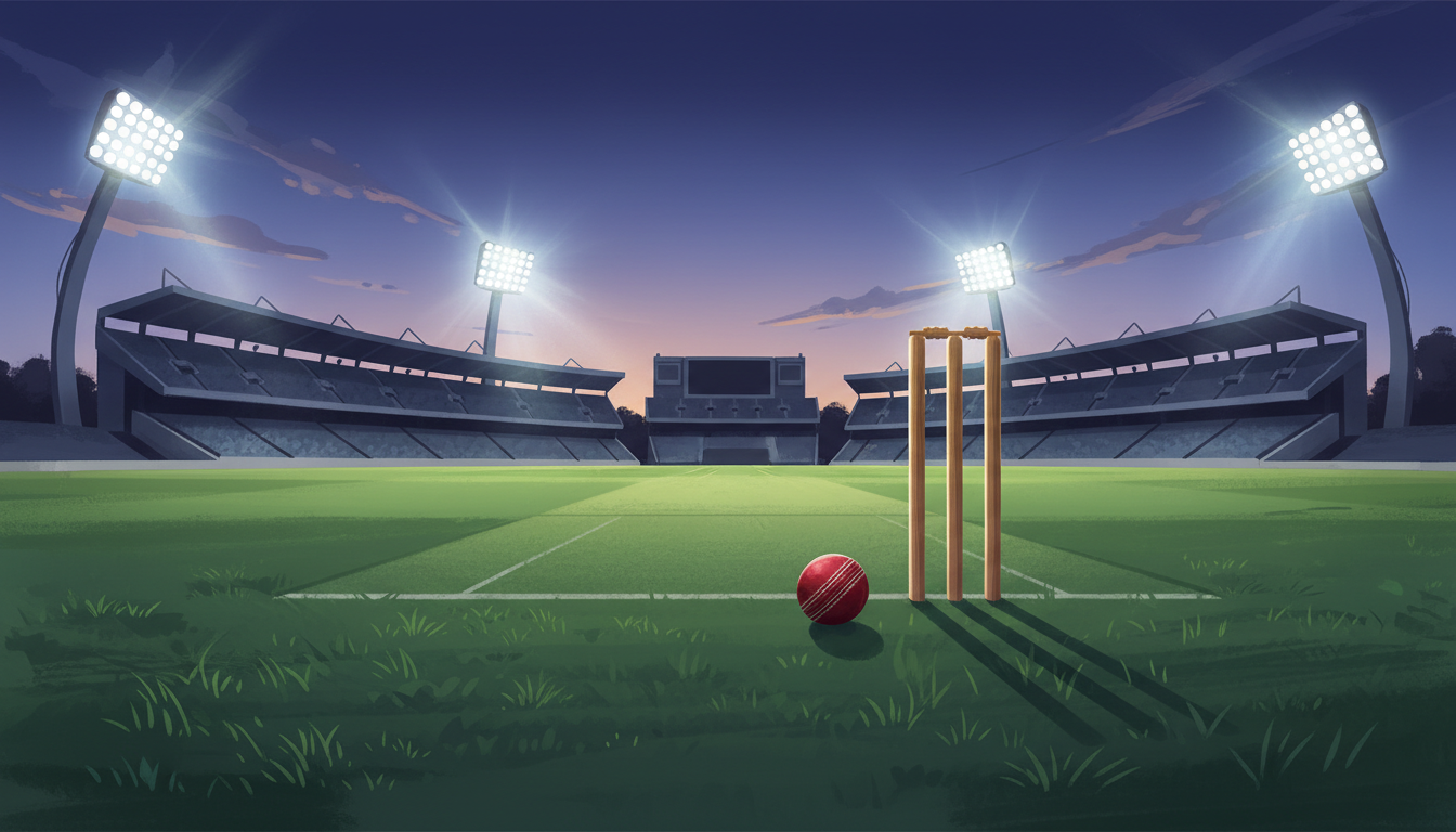 Illustration of a cricket ground and ball under stadium lights