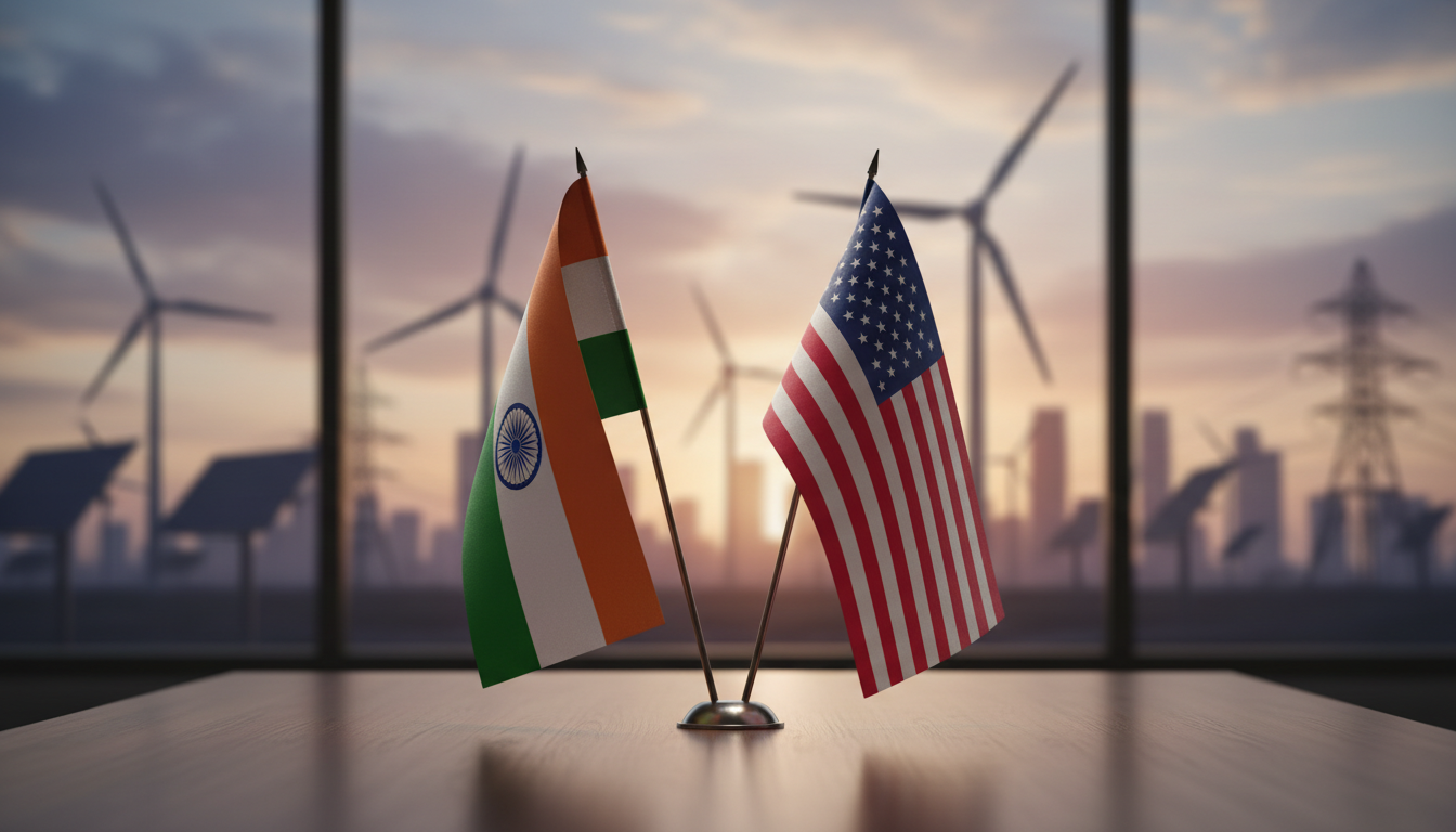 India US trade and energy talks — editorial illustration - NewsNation Online प्रतीकात्मक चित्र: भारत और अमेरिका के झंडे तथा व्यापार और ऊर्जा सहयोग का दृश्य