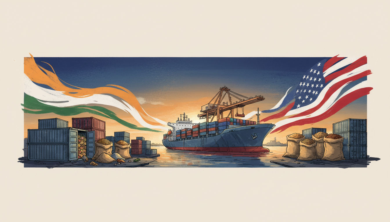 Editorial illustration of international shipping containers and agricultural commodities symbolizing India-US trade talks