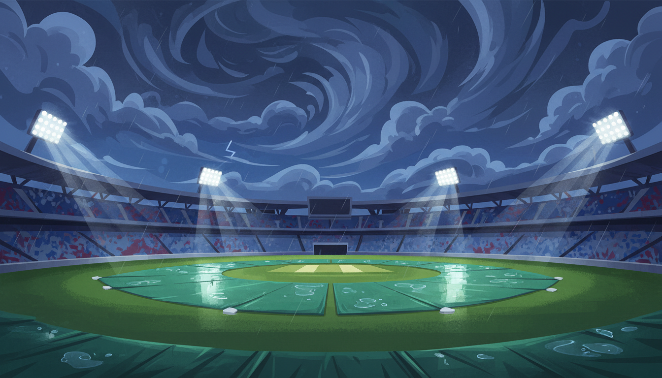 Illustration of a rain-soaked cricket stadium with covers on the pitch, not a photograph of the Bengaluru match