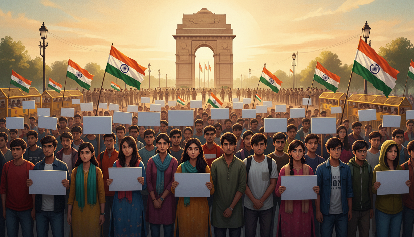AI-generated illustration of a peaceful youth protest near India Gate in New Delhi, with Indian flags and security barricades.