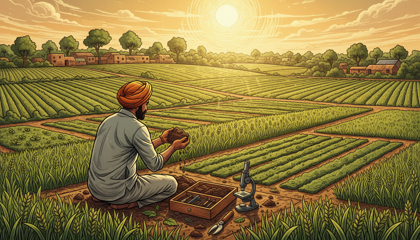 Illustration of Indian farmland with healthy crops and soil testing