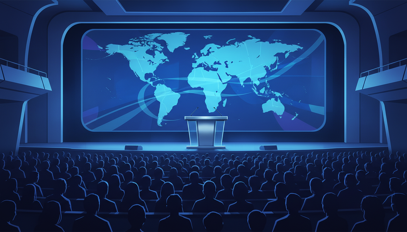 Conceptual illustration of a global policy summit auditorium