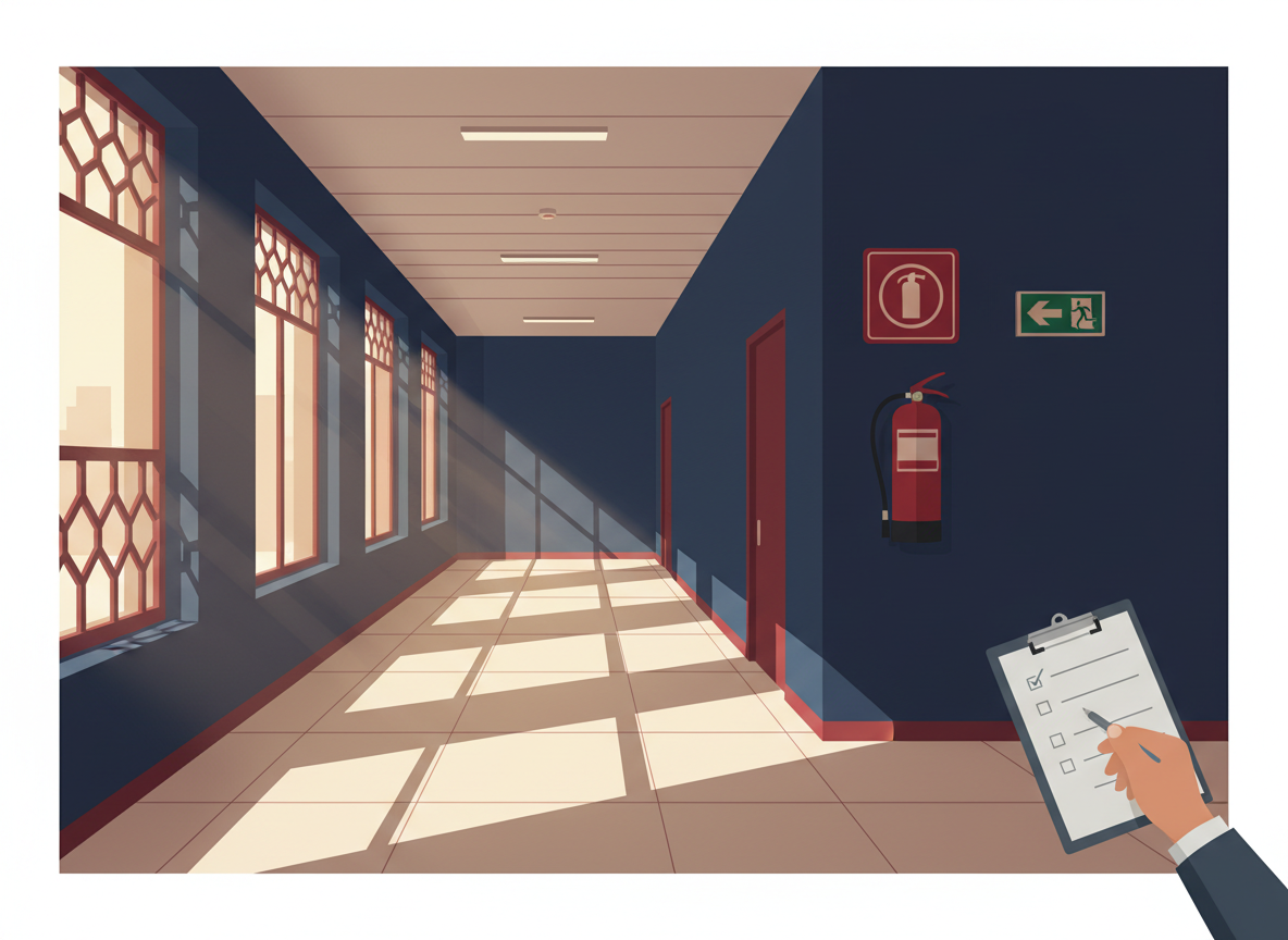 Editorial illustration of fire safety equipment in a public administration building.