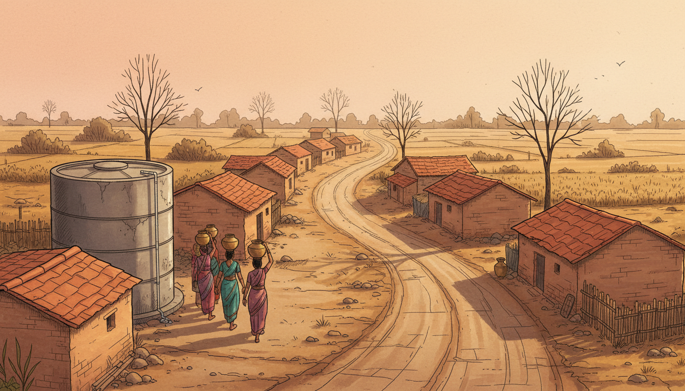 Illustration of a rural village in Jalna with water storage and roads; not a photograph of Antarwali Sarati