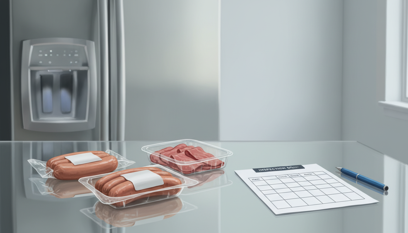 Editorial illustration of sealed packaged ready-to-eat meats on a kitchen counter with a checklist; not an actual recalled product photograph