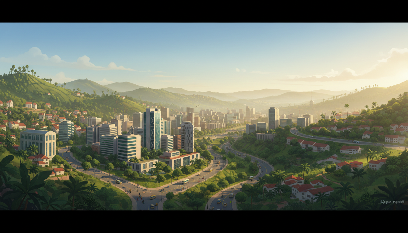 Illustrated view of Kigali city buildings across Rwanda's green hills