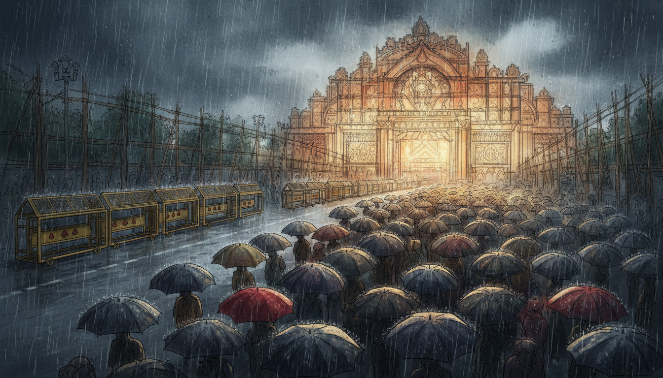 Illustration of rain and crowd management at a festival entrance; not a photograph of the Kolkata incident
