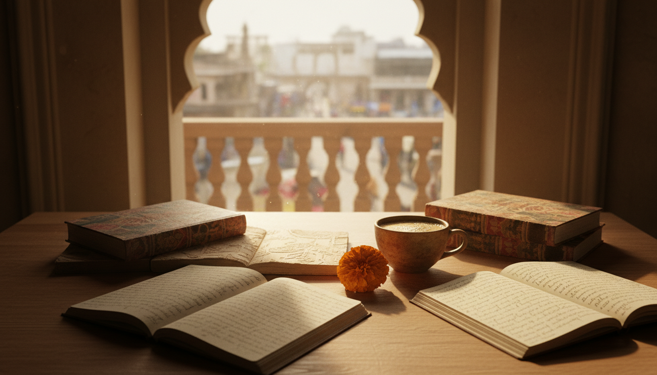 Living cultural heritage through language and stories - NewsNation Online Notebooks, books, marigold and tea in warm sunlight, evoking language and living cultural heritage