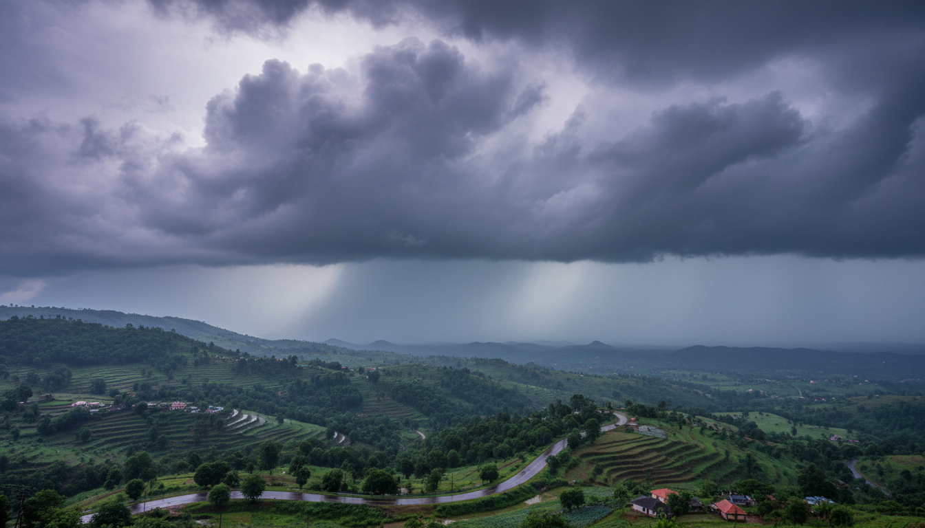 Illustrative storm clouds over a Maharashtra landscape, not a live weather photograph