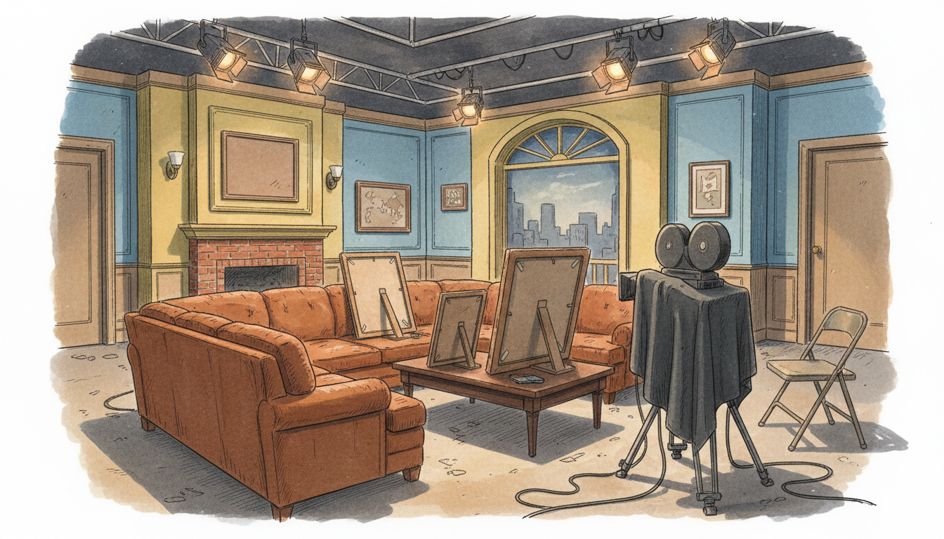 Sitcom set and documentary camera representing a television documentary