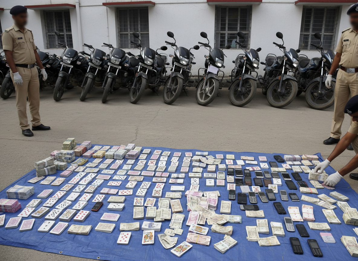 Police officers stand behind a blue tarp displaying stacks of cash and many mobile phones as evidence, with motorbikes lined up in the background.