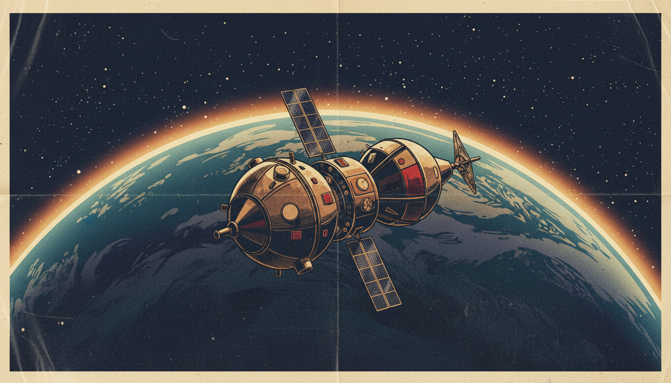 Editorial illustration of an early Soviet-era space capsule in orbit, representing the 1964 Voskhod 1 mission
