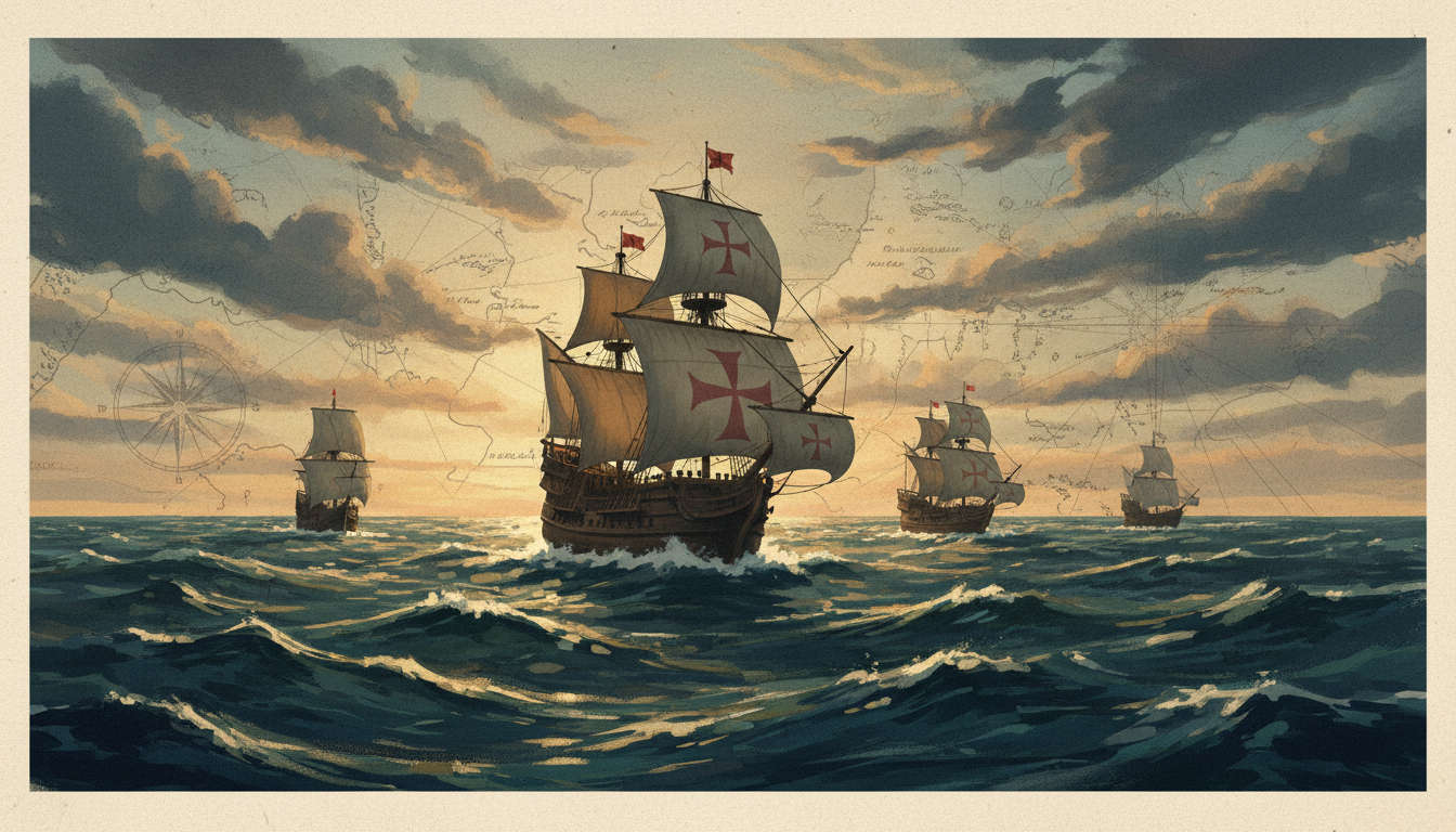 Illustration of 15th-century sailing ships crossing the Atlantic Ocean, representing the 1492 voyage