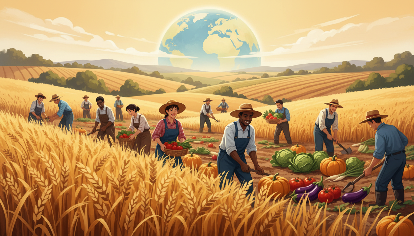 October 16 history English – World Food Day illustration - NewsNation Online Editorial illustration of wheat fields and crops symbolizing World Food Day and global food security
