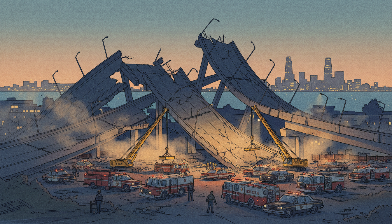 Historical illustration of damage to an elevated roadway after the 1989 Loma Prieta earthquake