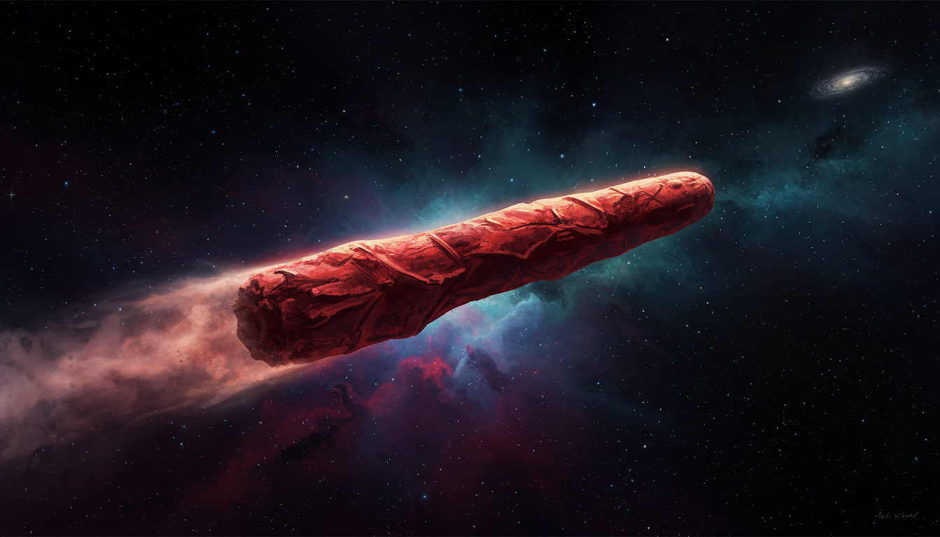 Scientific editorial illustration of interstellar object Oumuamua passing through space