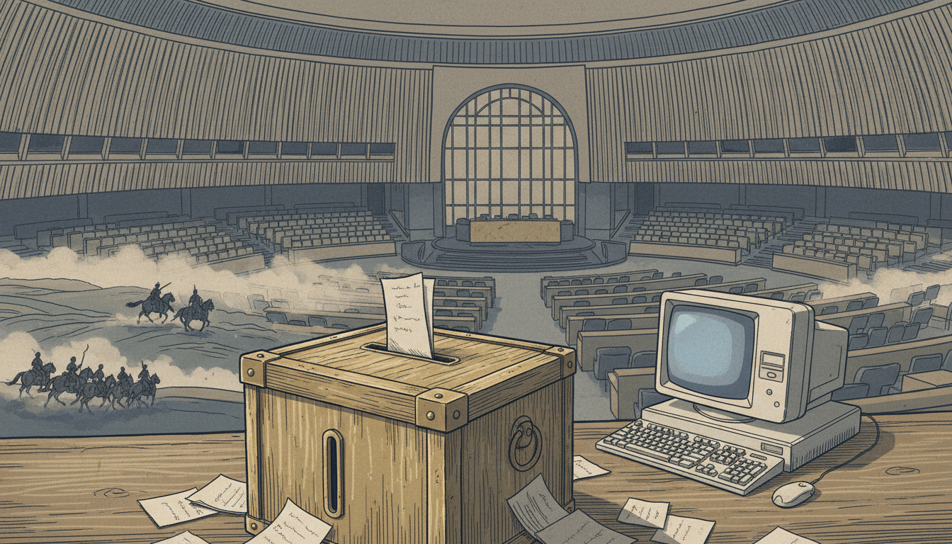 Editorial illustration combining the 1951 Indian election, United Nations history, Balaklava cavalry and early personal computing