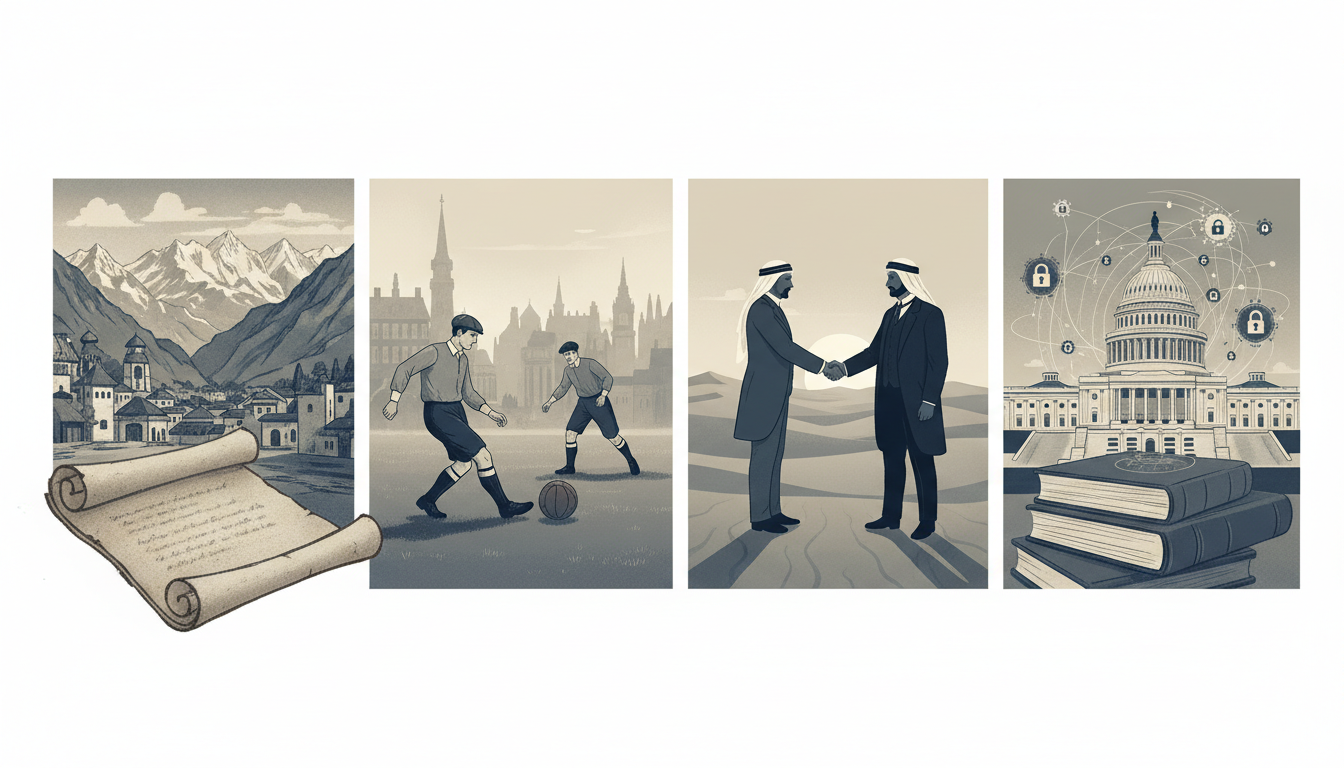 Editorial illustration showing Kashmir mountains, early football, Middle East peace diplomacy and US security legislation