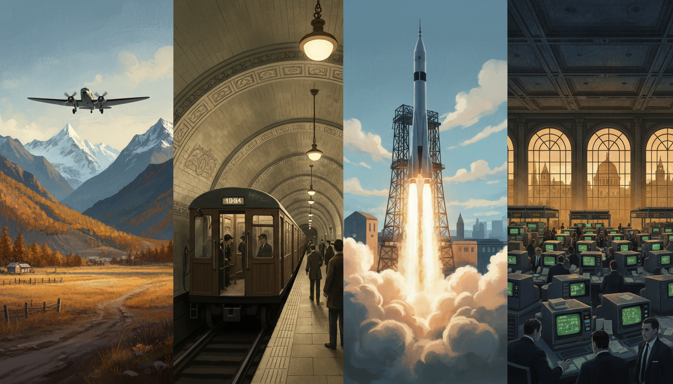 Editorial illustration of a 1947 transport aircraft, an early subway train, a Saturn rocket launch and financial trading screens