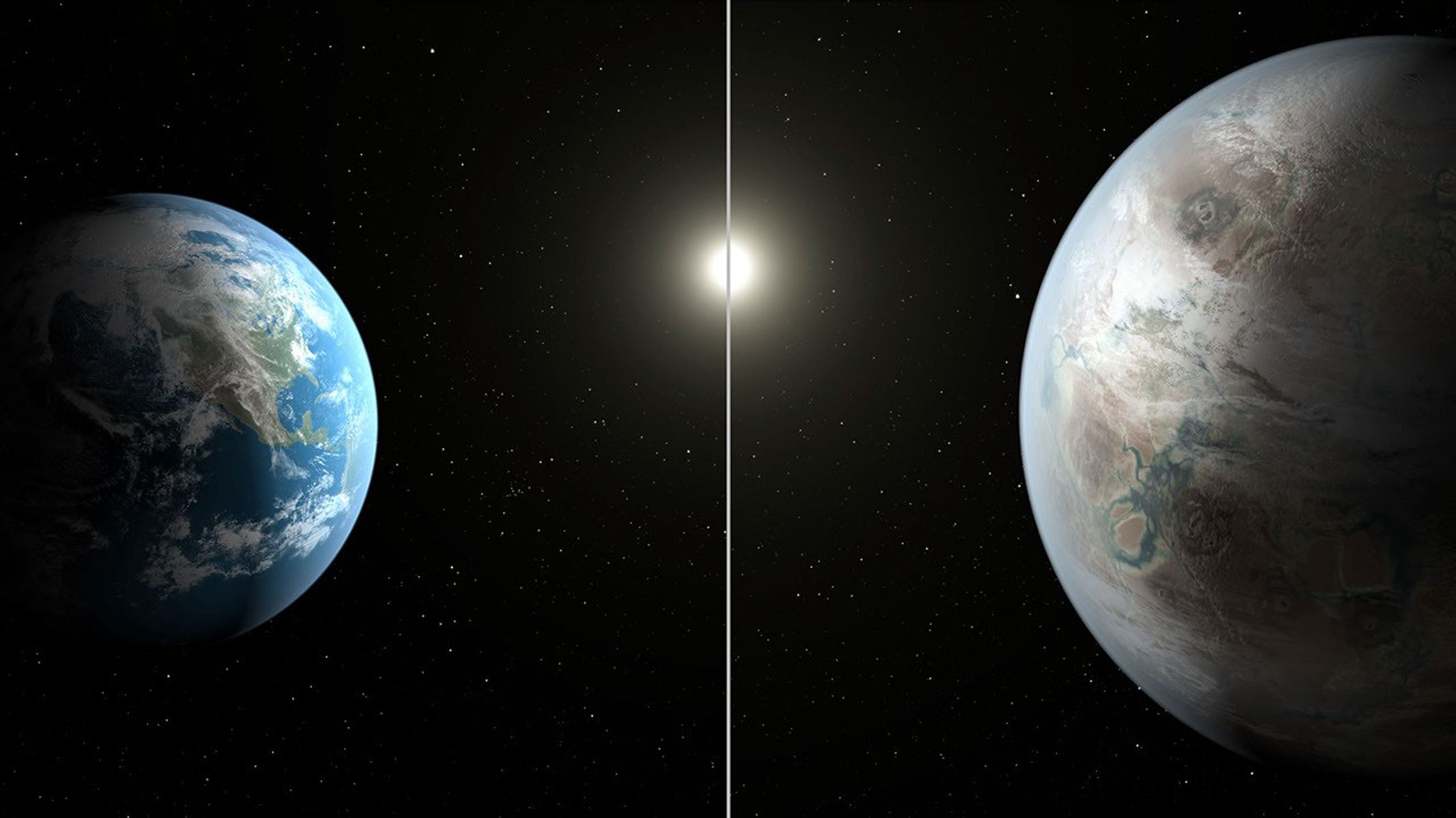 Artist concept comparing Earth with the exoplanet Kepler-452b against a star-filled background.
