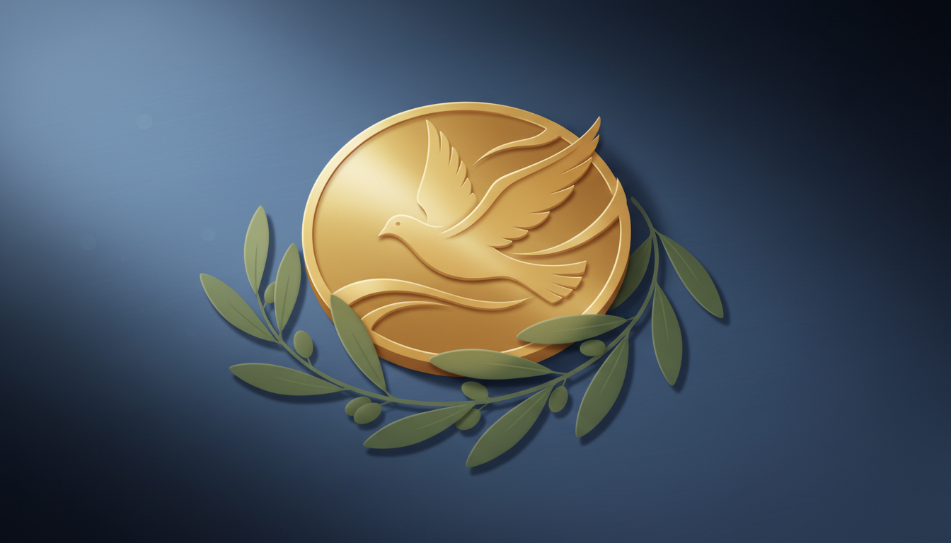 Conceptual illustration of a gold peace medal and olive branch