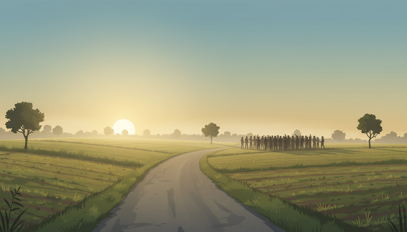 Conceptual illustration of anti-drug awareness in Punjab with rural road and community gathering