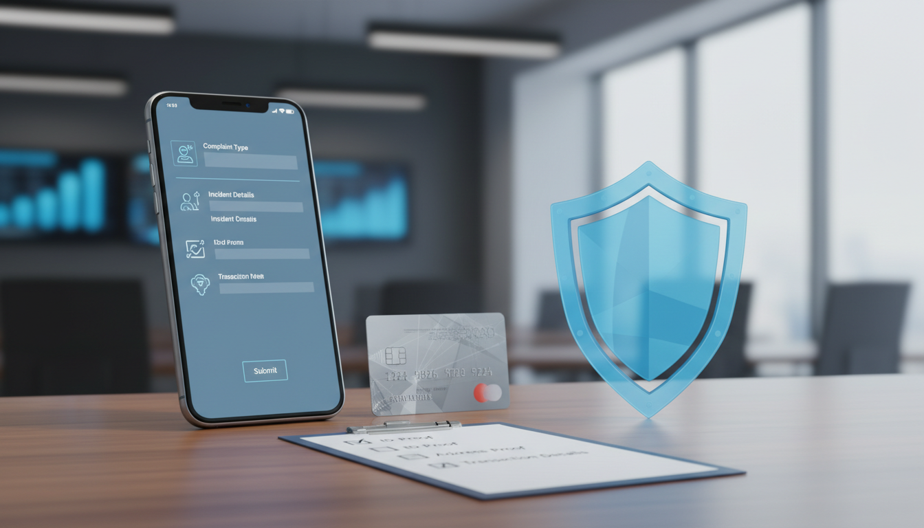 Illustration of reporting online fraud with a phone and security shield