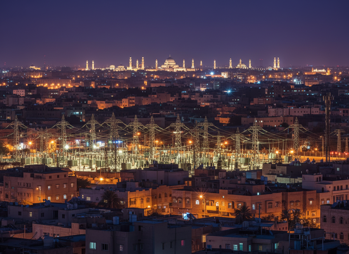 Respectful editorial night cityscape inspired by Medina with - NewsNation Online Medina skyline and electrical infrastructure