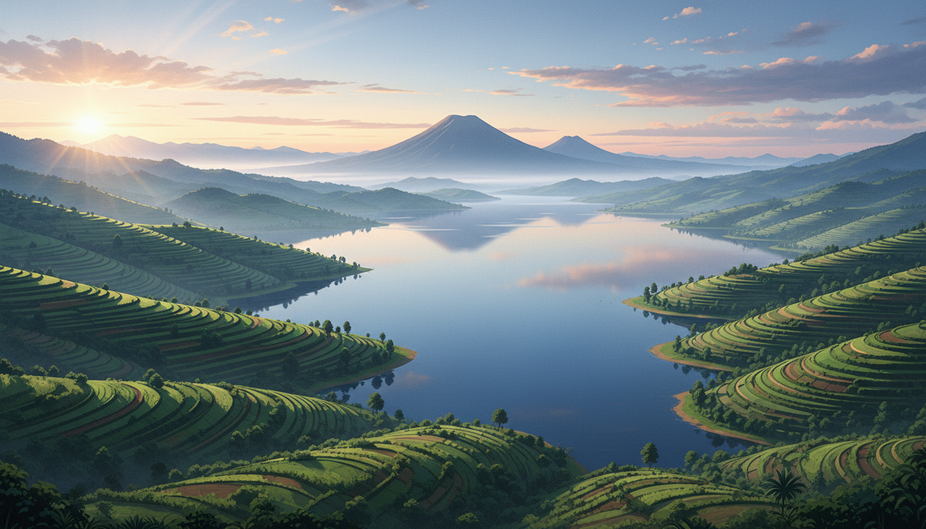 Illustration of Lake Kivu and green terraced hills in Rwanda