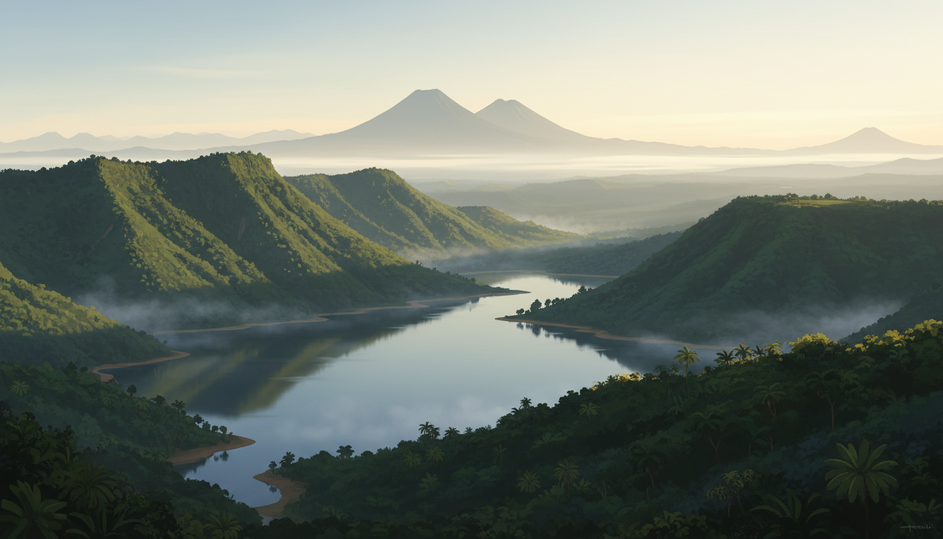 Illustration of Rwanda's northern lakes surrounded by green volcanic hills