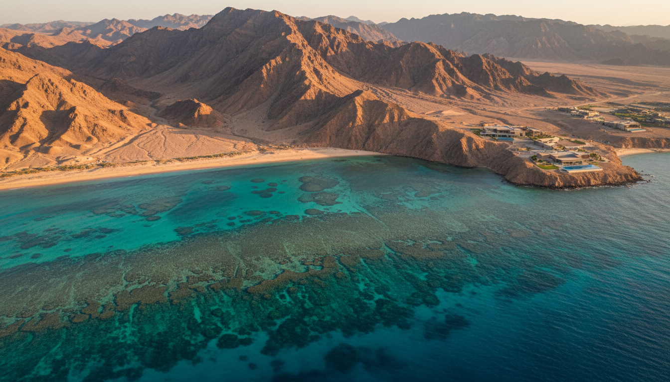 Illustrative Saudi Red Sea coastline with coral reefs, desert mountains and coastal resort