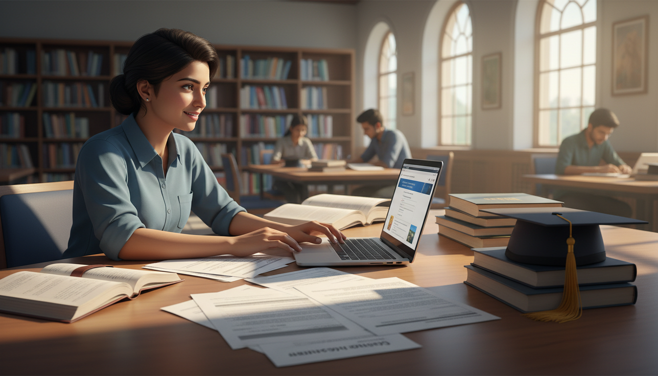Scholarships in India — Student Application Guide - NewsNation Online Young woman studying at a library desk with a laptop, open books, and a graduation cap on a stack of books nearby.