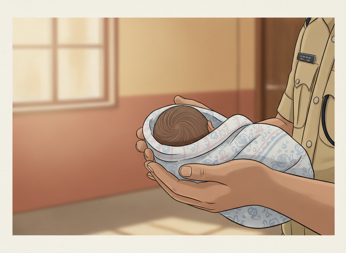 Sensitive neutral child protection editorial illustration, police child welfare rescue context in Chhatrapati Sambhajinagar, baby blanket and protective adult hands, no child face, no suspects, no text, 16:9