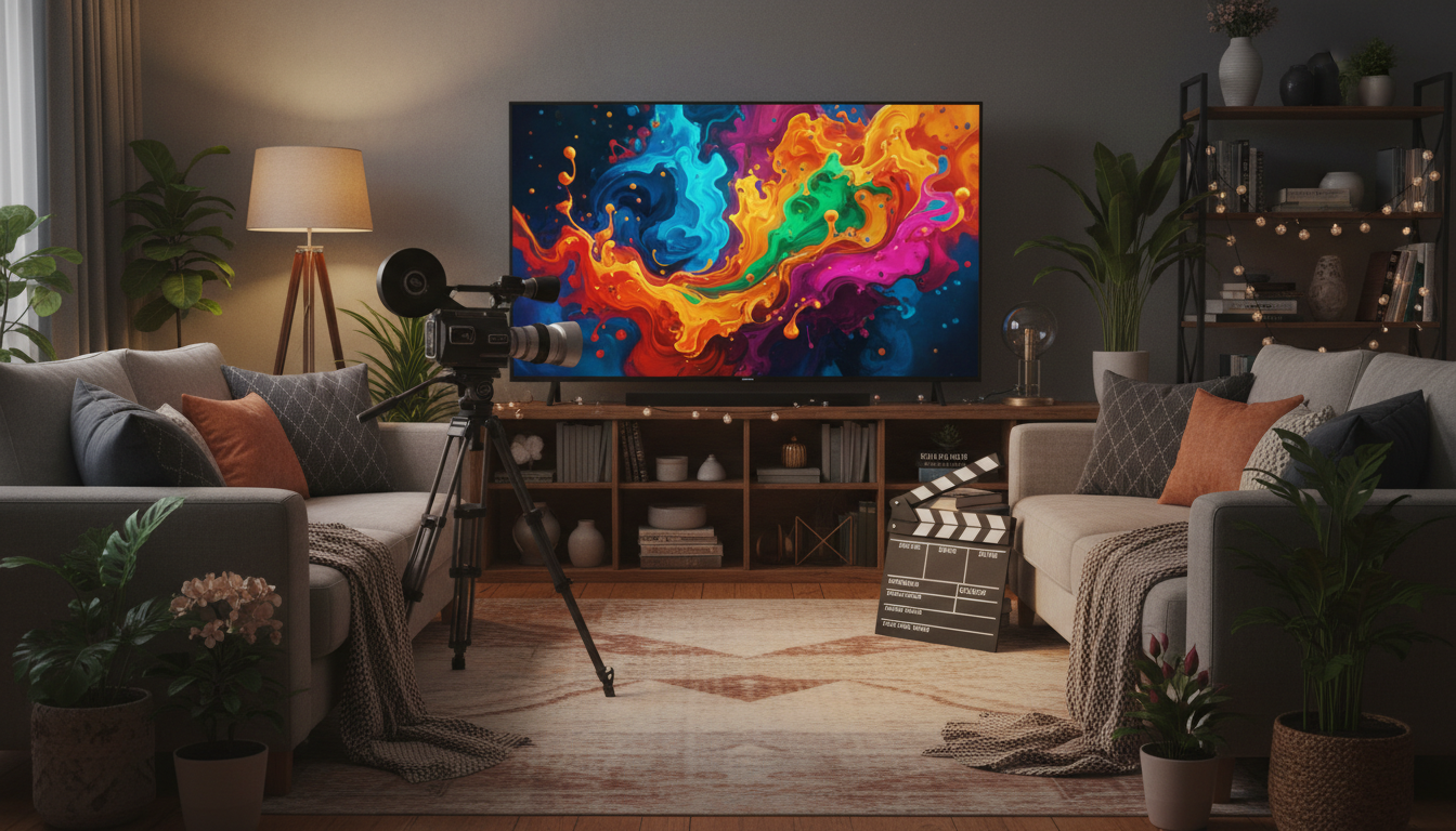Home streaming setup with television and film equipment