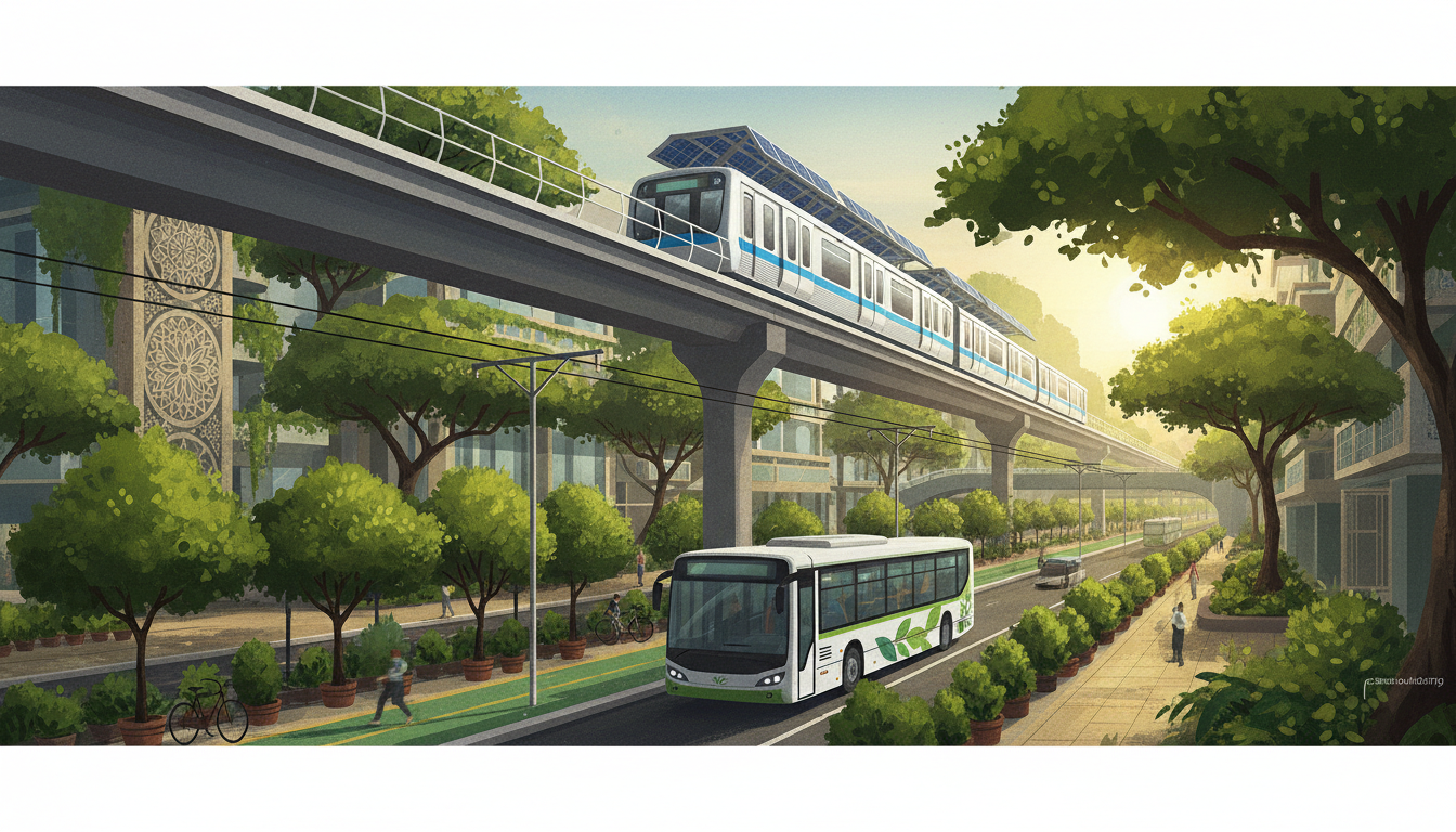 Illustration of electric buses, metro transport and cycling infrastructure in an Indian city
