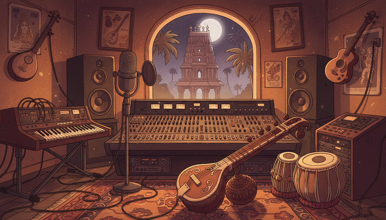 Illustration of a traditional South Indian music recording studio with keyboard, microphone and musical instruments; not a photograph of Deva