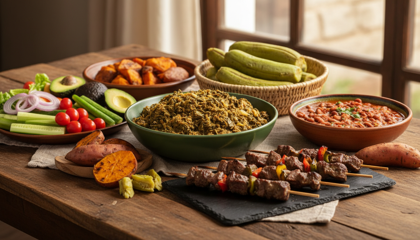 Illustrative table of Rwandan dishes with cassava leaves, plantains, beans and grilled brochettes